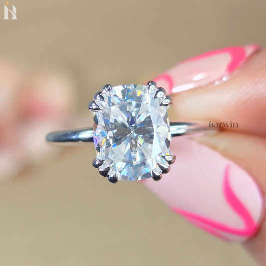 3 CT Cushion Cut Moissanite Engagement Ring, Triple Claw Prong & Hidden Halo Elongated Ring