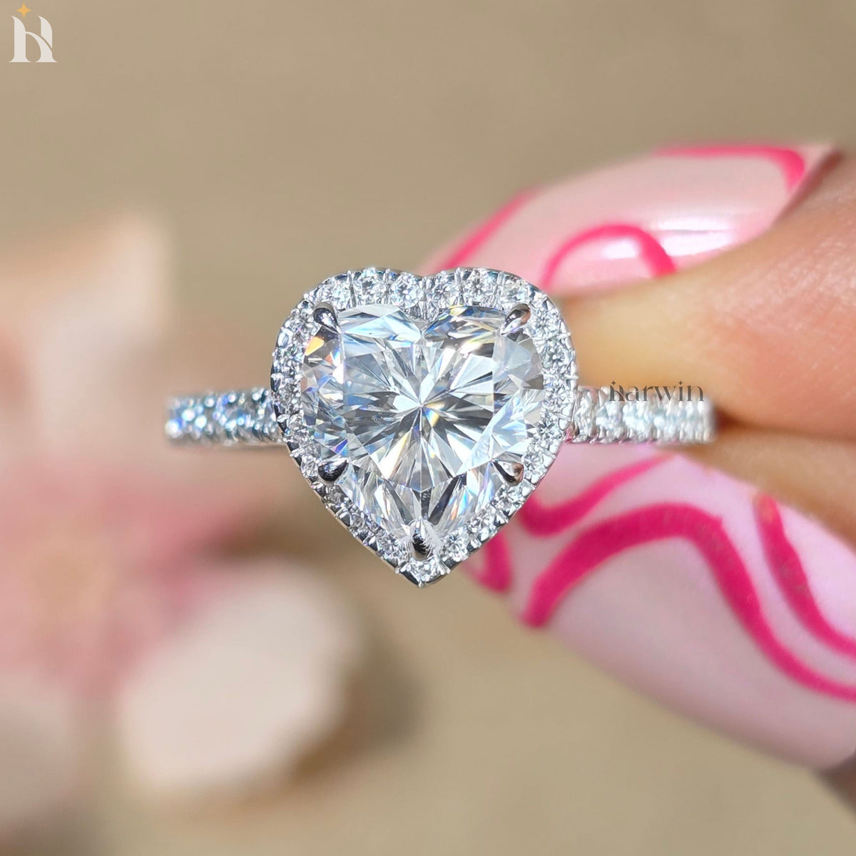 2CT Heart Cut Lab Grown Diamond Halo Engagement Ring, Pave Set Band  Proposal Ring