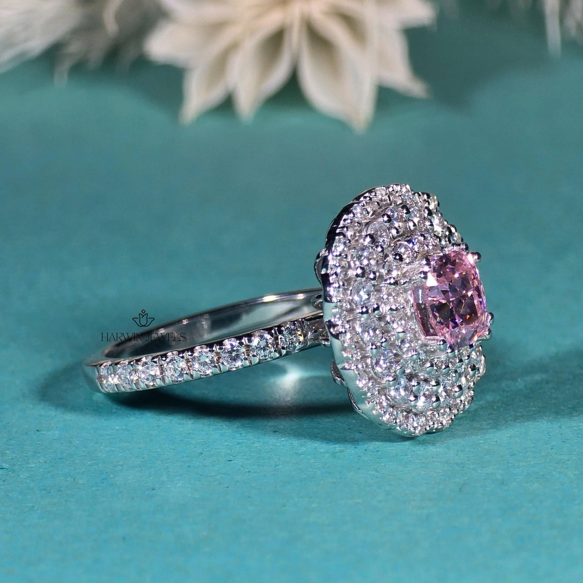 Pink Cushion 1CT Moissanite Wedding Ring Triple Halo 14K White Gold Half Pave Band