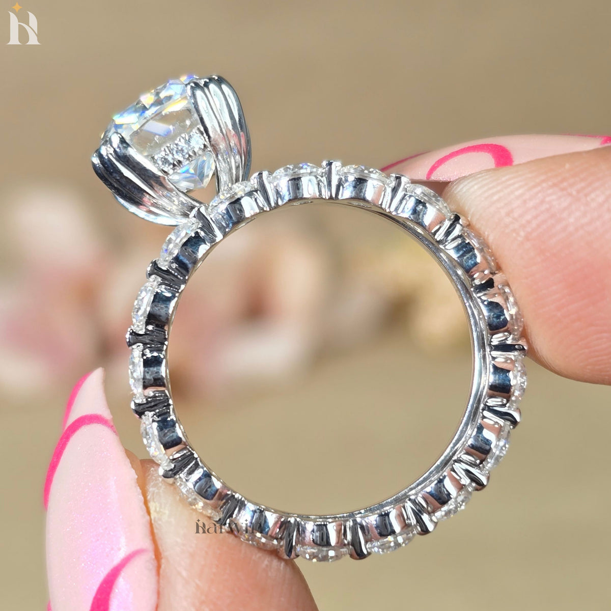 3 CT Cushion Cut Bridal Ring, Triple Claw Prong, Hidden Halo & Round Pave Set Band
