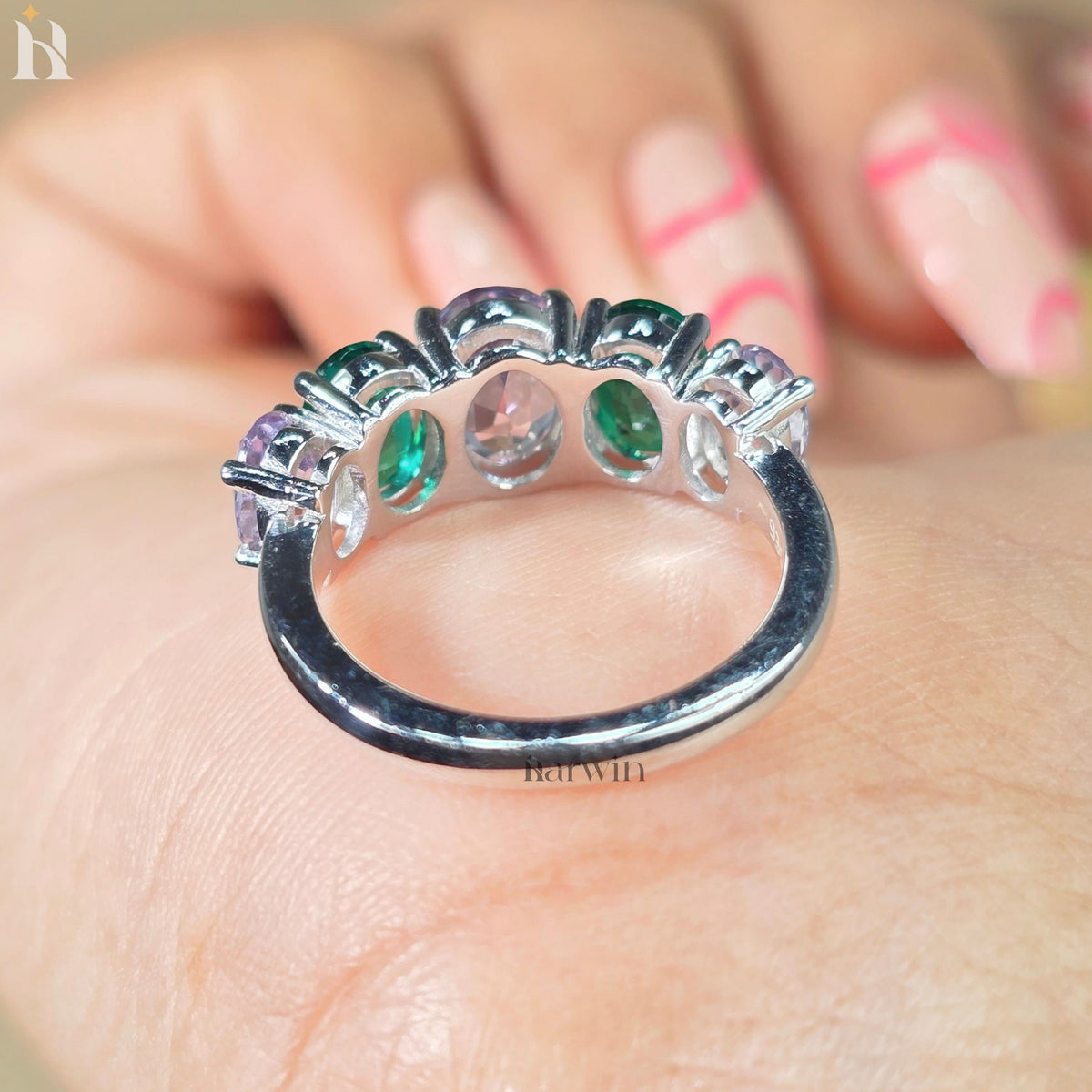Color Changing Alexandrite & Emerald Five Stone Ring, Art Deco Wedding Band,935 Argentium Silver Anniversary Ring