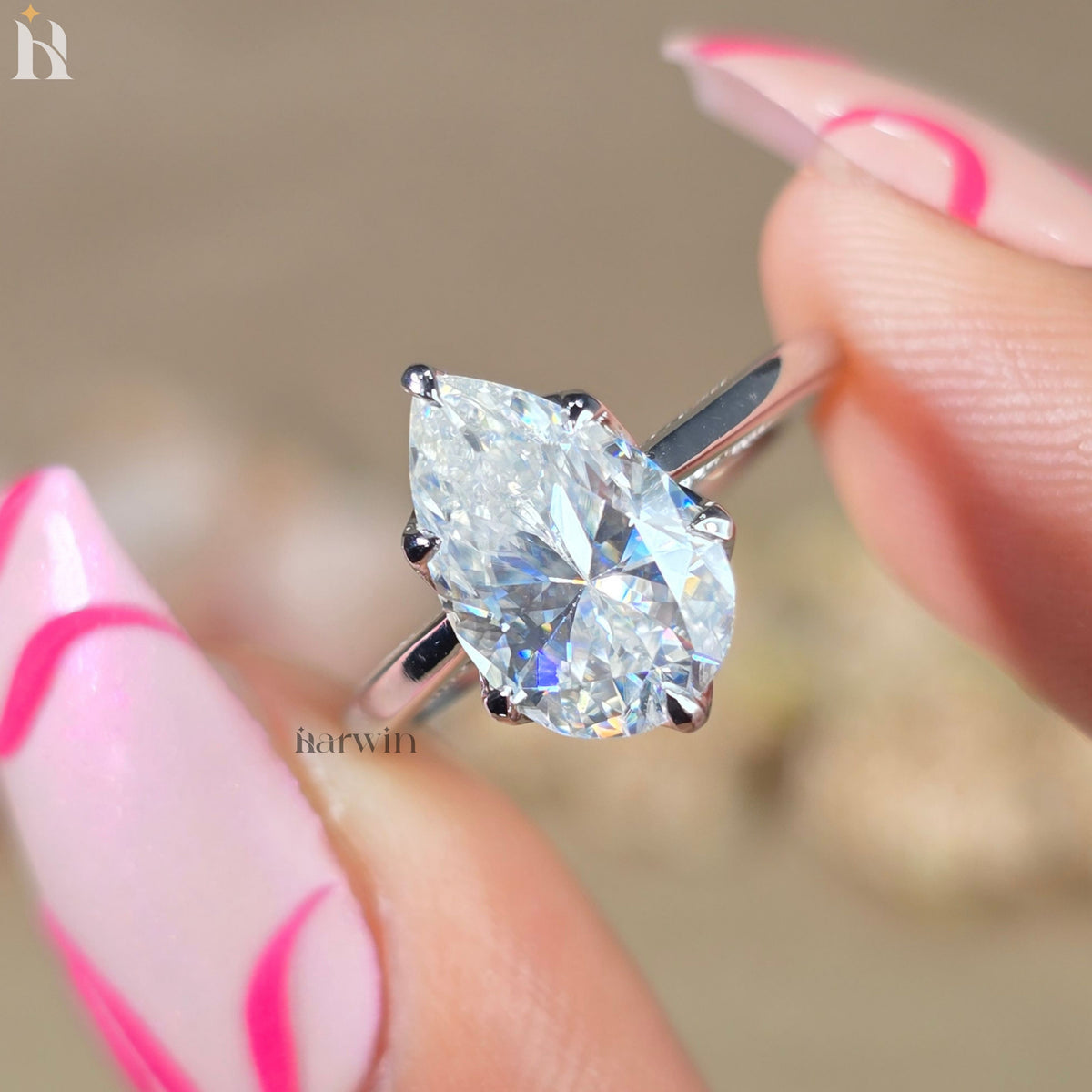 2CT Pear Cut Moissanite Platinum Engagement Ring, Six Prong Tulip Solitaire Platinum Band