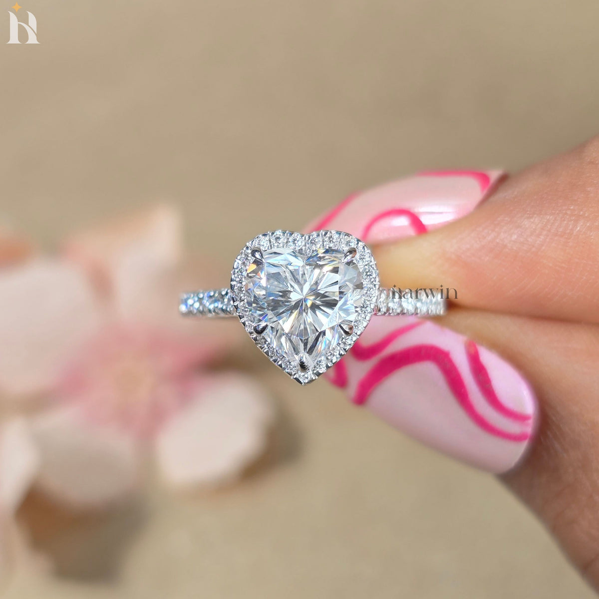 2CT Heart Cut Lab Grown Diamond Halo Engagement Ring, Pave Set Band  Proposal Ring