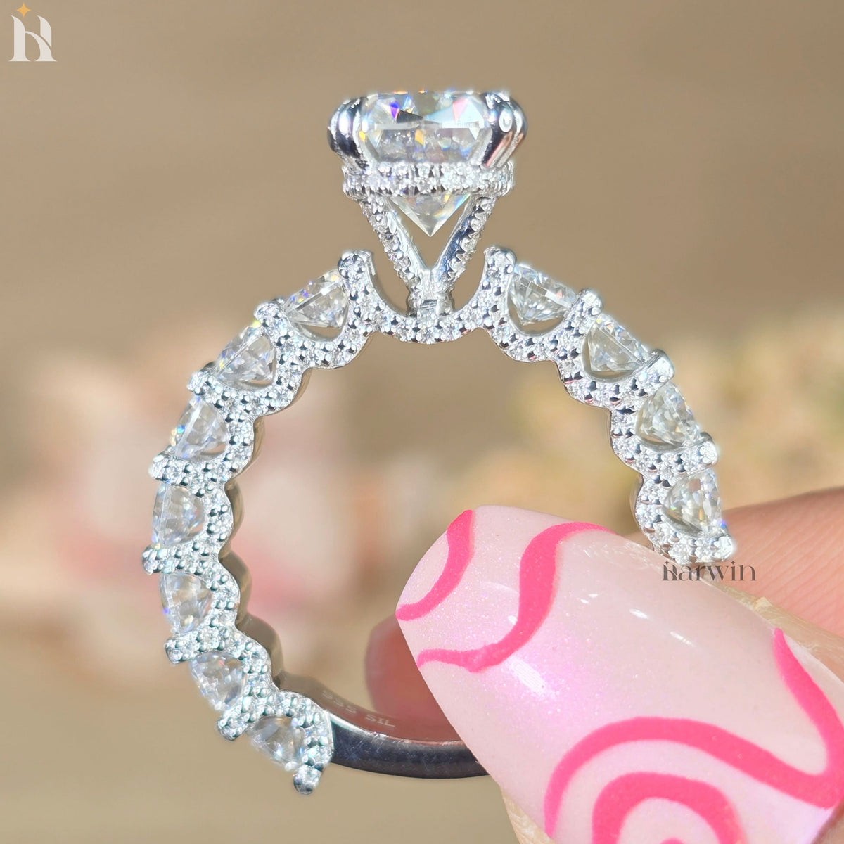 5 CT Cushion Cut Moissanite Ring, Hidden Halo And Double Claw Prong Set Ring