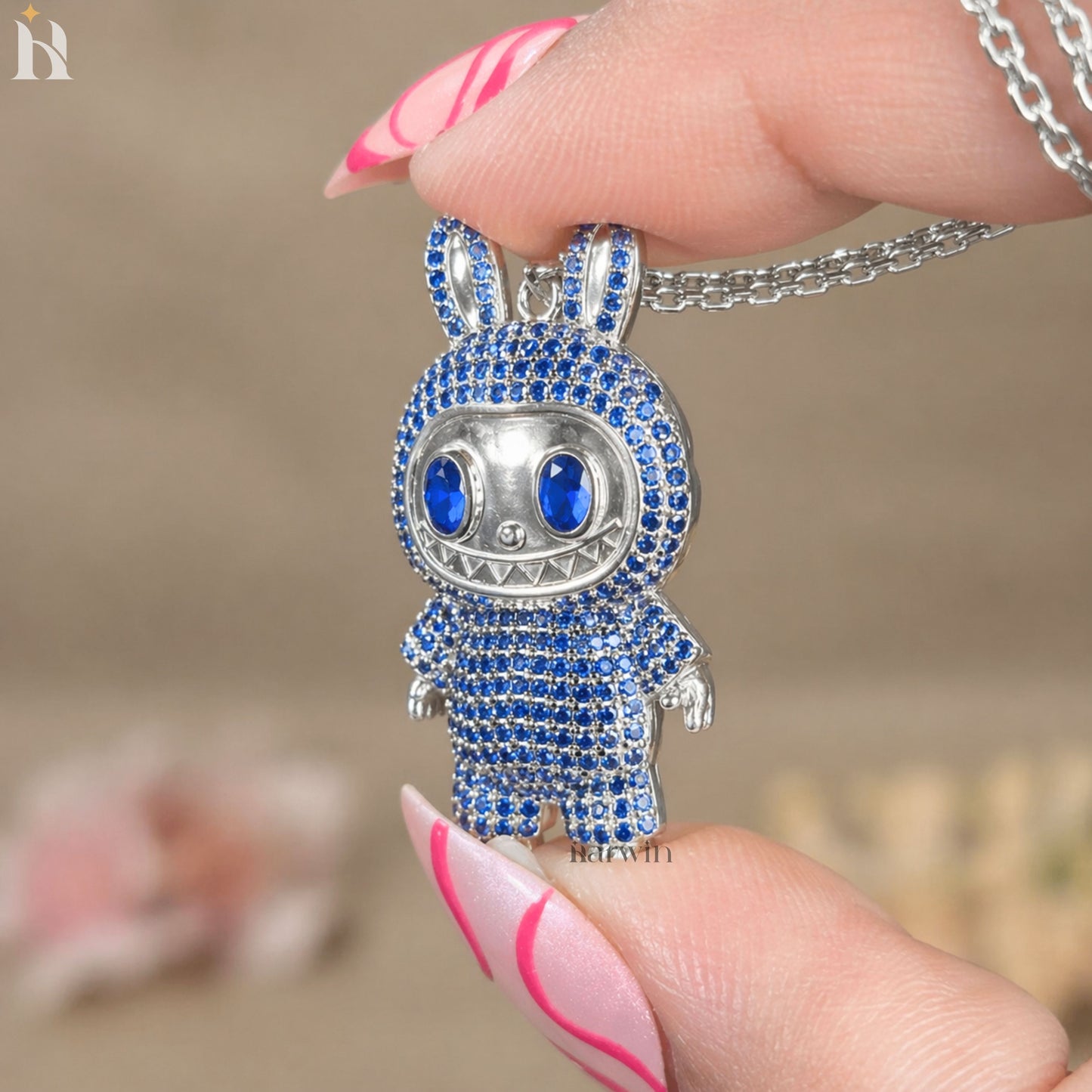 Iced Out Teddy Bear Pendant | Blue CZ Sterling Silver Necklace