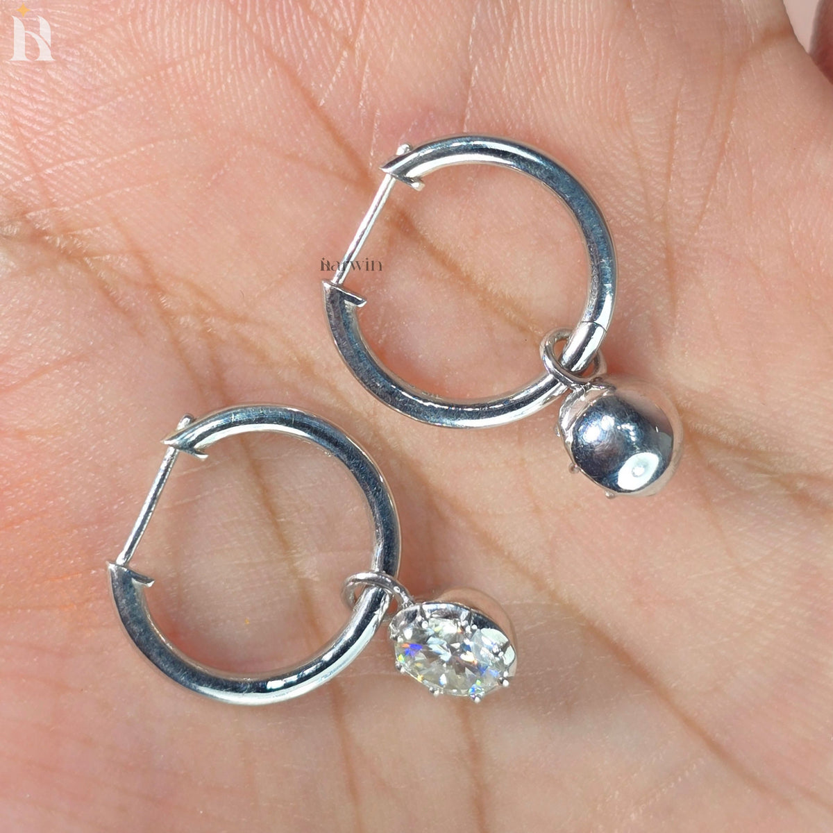 Round Cut Moissanite Drop Dangle Earrings, Solid Silver Solitaire Prong Set Earrings