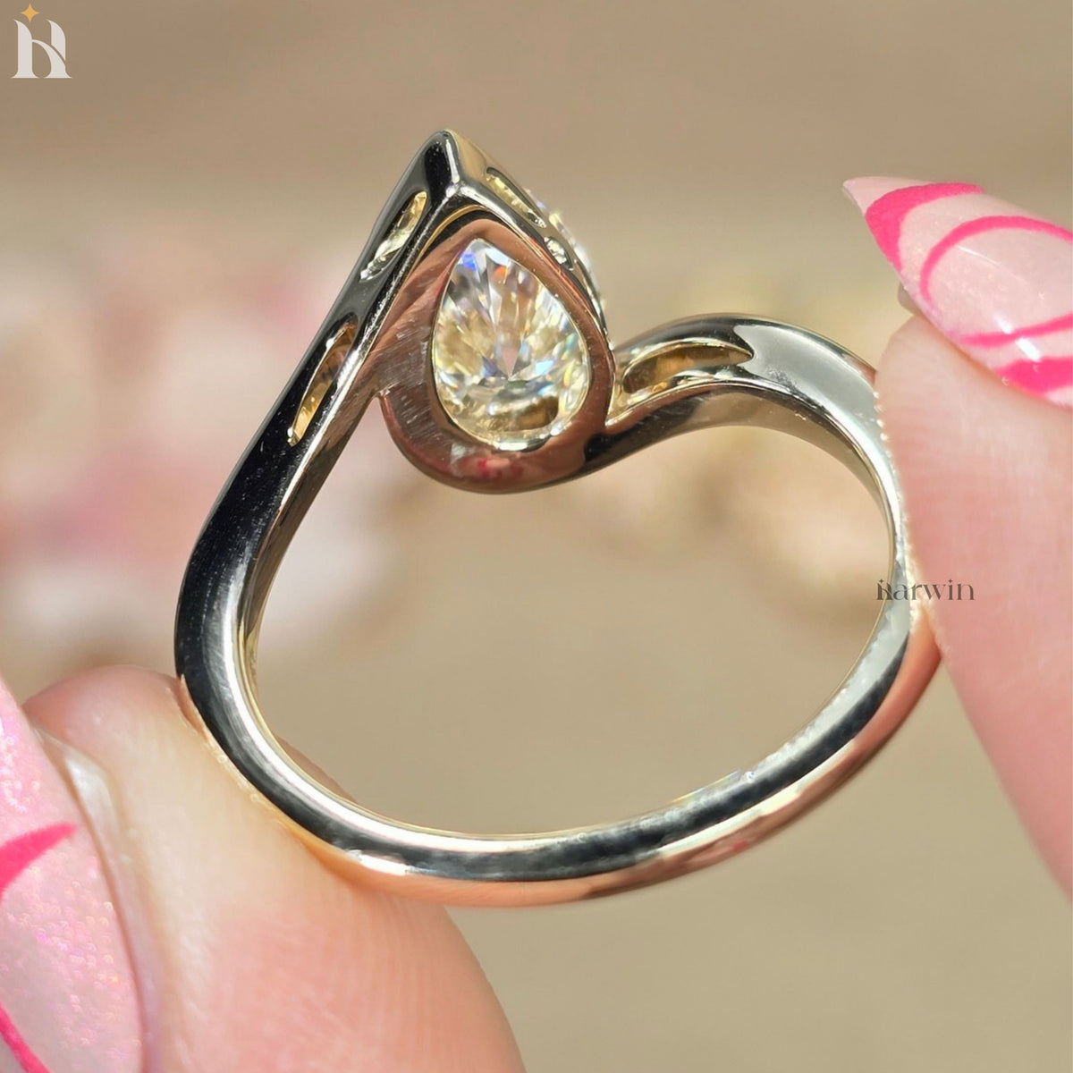 Pear Cut Moissanite Engagement Ring, Bezel Set Bypass Shank, Gold Solitaire Ring for Anniversary or Gift