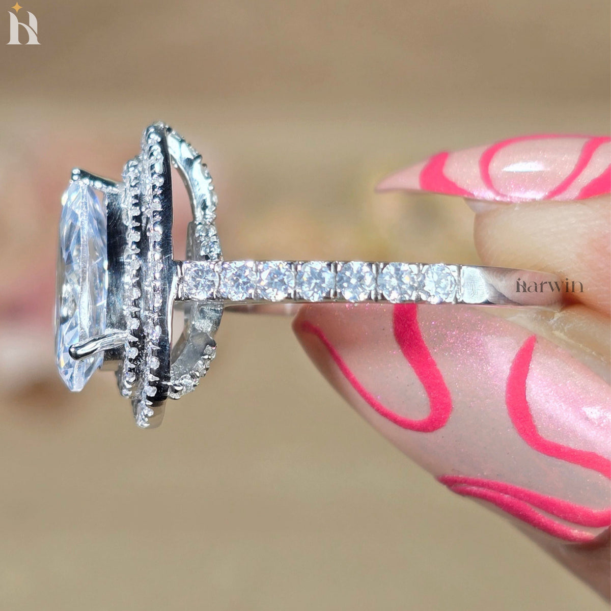 3.00CT Pear Cut Moissanite Engagement Ring Double Halo Wedding Ring, Pave Prong Setting