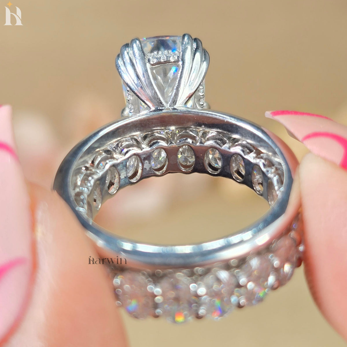 3CT Cushion Cut Bridal Ring, Triple Claw Prong, Hidden Halo & Oval Pave Set Band
