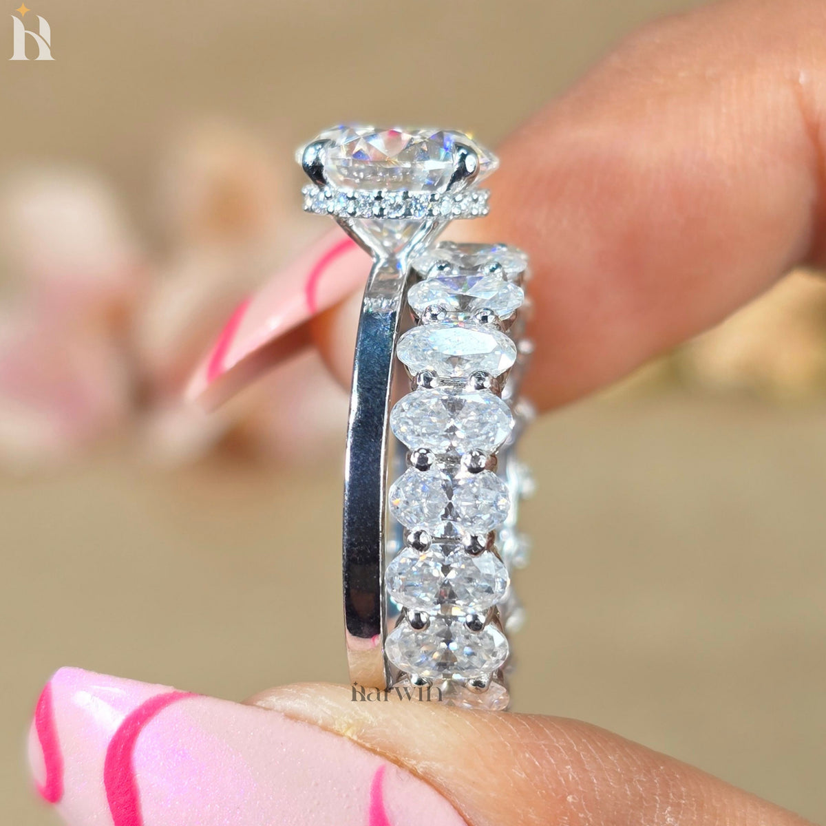 2.5 CT Round Cut Moissanite Hidden Halo Ring, Oval Diamond Eternity Band Set Ring