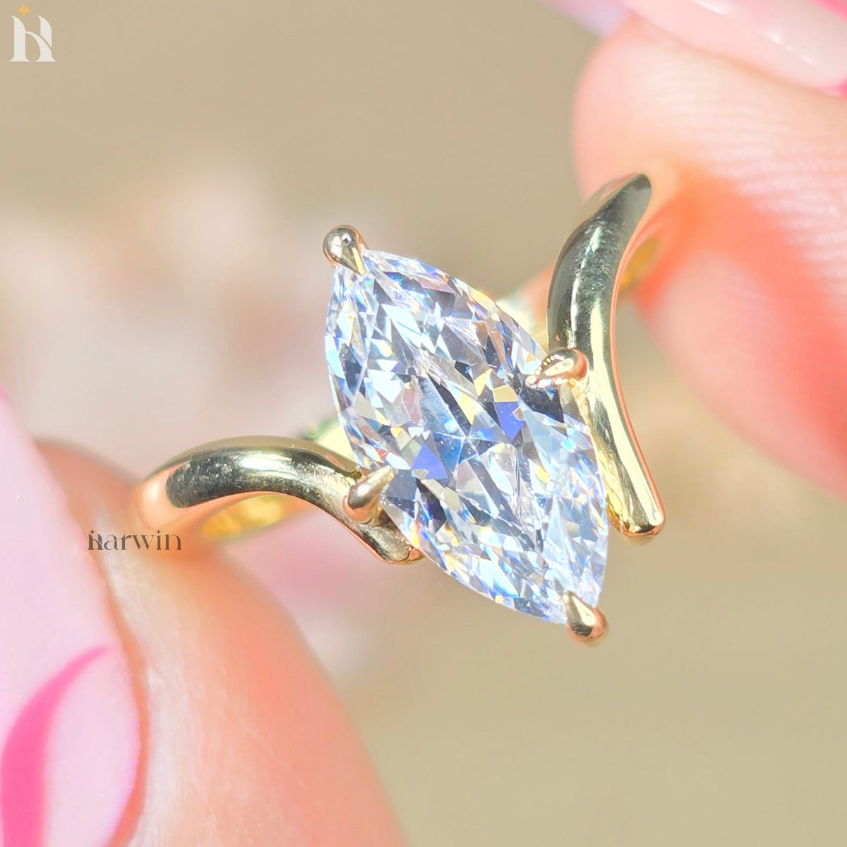 2 CT Marquise Cut Moissanite Promise Ring, V-shape Band, Chevron Style Gold Ring