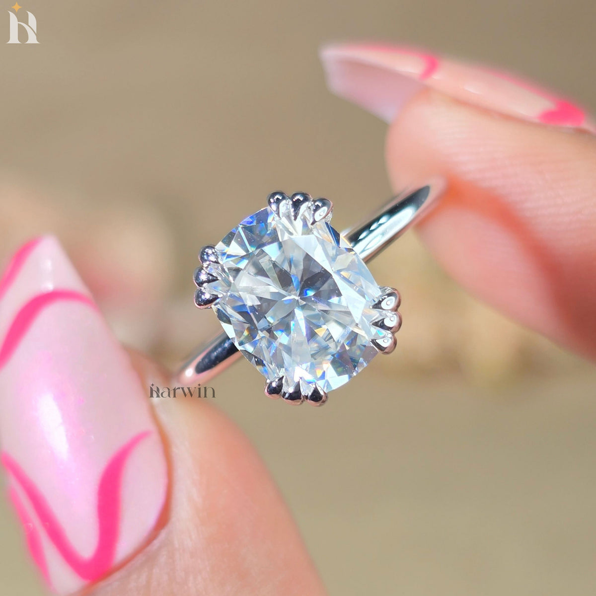 3 CT Cushion Cut Moissanite Engagement Ring, Triple Claw Prong & Hidden Halo Elongated Ring