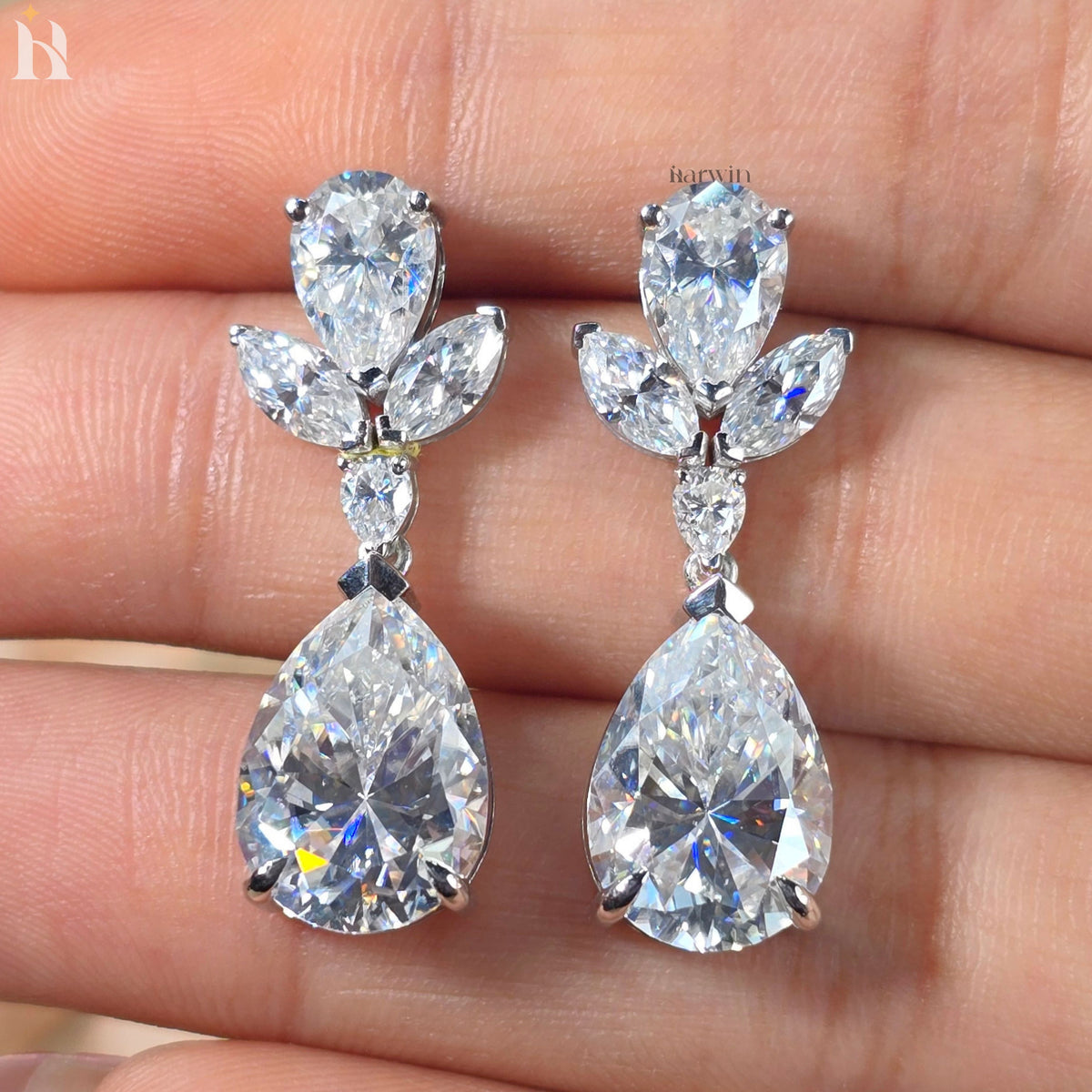 Pear Cut Moissanite Dangle Earrings With Marquise Diamond Wedding Earrings