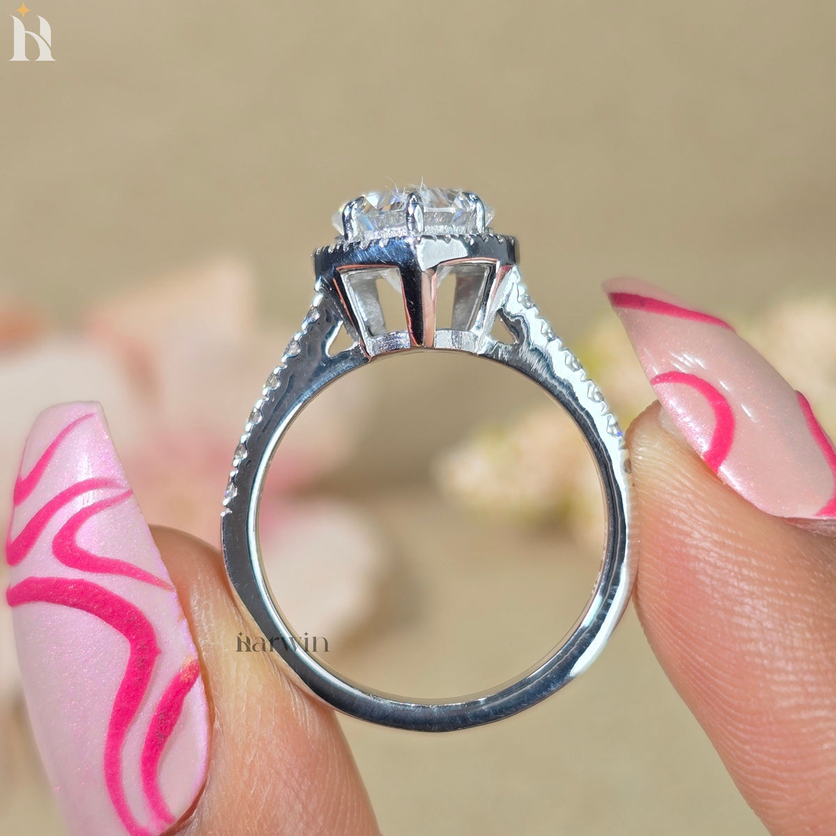 2CT Heart Cut Lab Grown Diamond Halo Engagement Ring, Pave Set Band  Proposal Ring