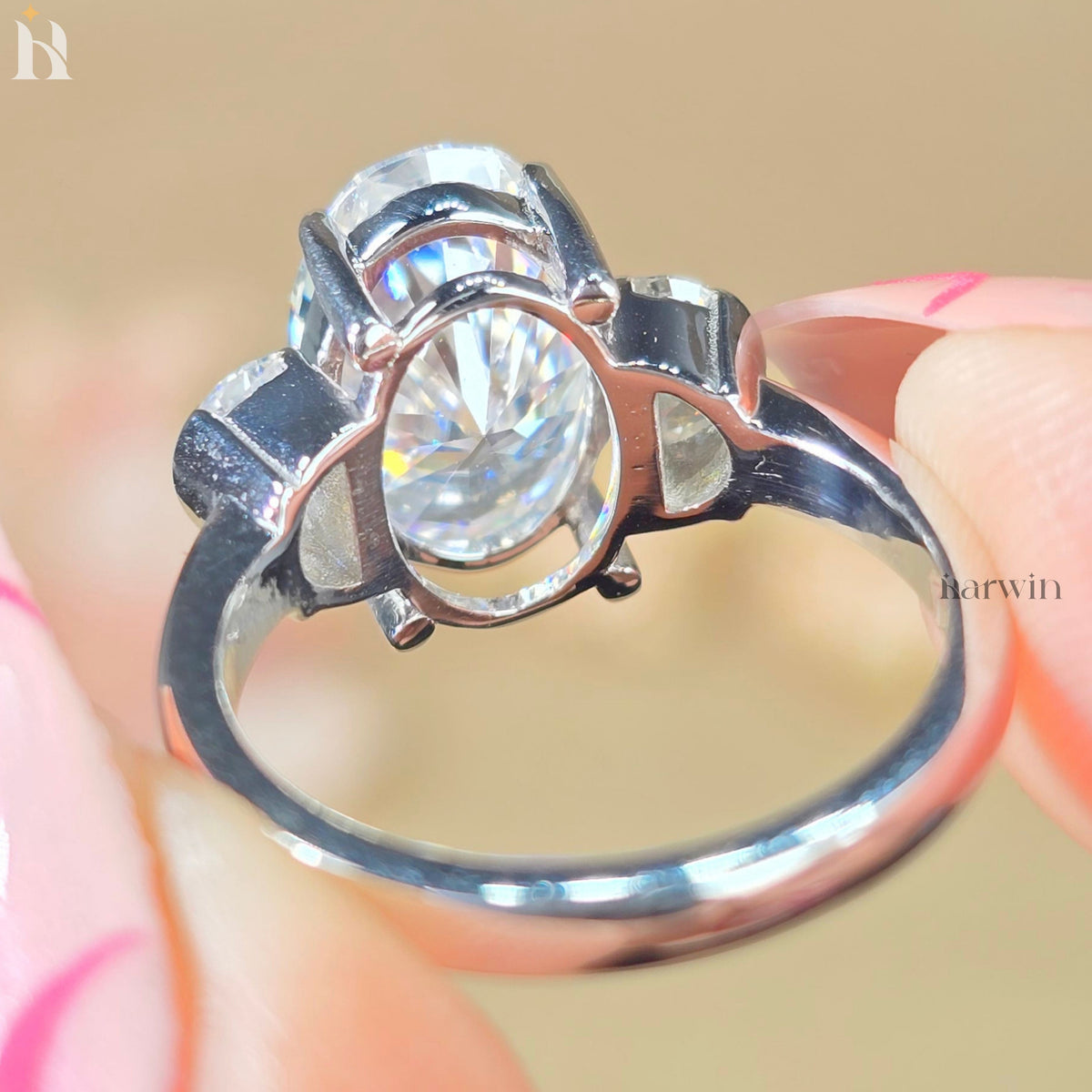 3.5CT Oval Cut Moissanite Ring, Half Moon Shape Side Diamond, Three Stone Gold Ring
