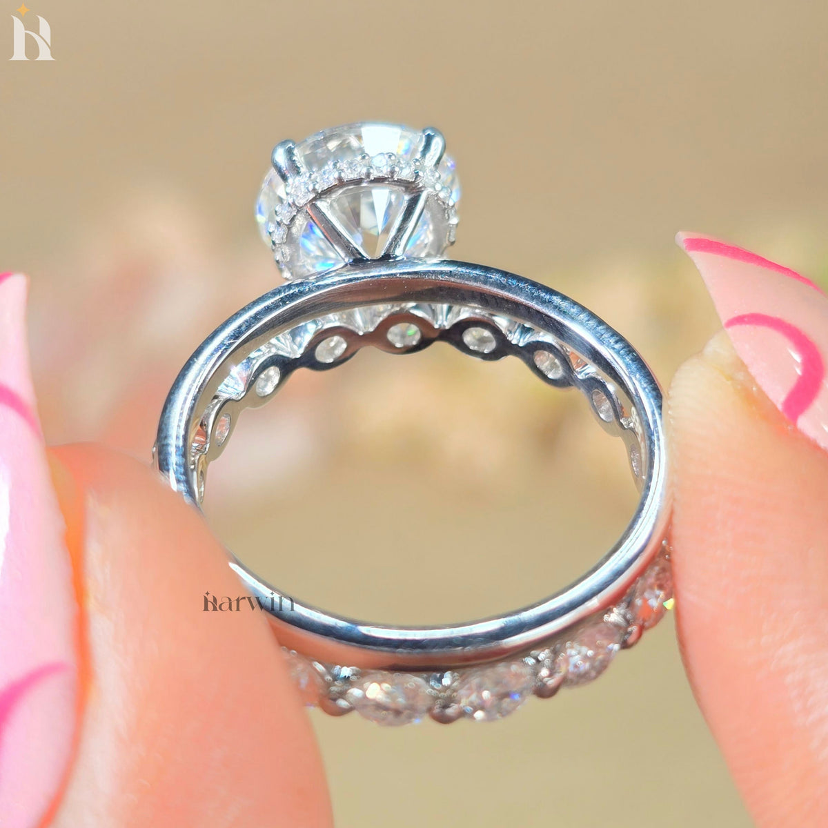 2.5 CT Round Cut Moissanite Hidden Halo Engagement Ring, Eternity Band Set Ring