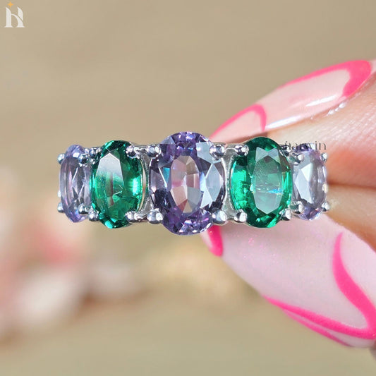 Color Changing Alexandrite & Emerald Five Stone Ring, Art Deco Wedding Band,935 Argentium Silver Anniversary Ring