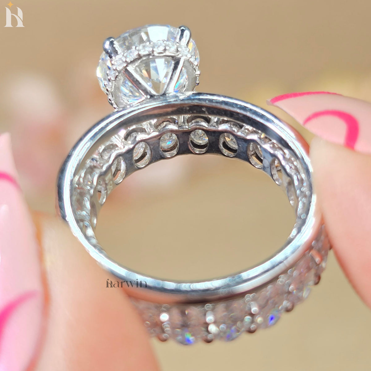 2.5 CT Round Cut Moissanite Hidden Halo Ring, Oval Diamond Eternity Band Set Ring