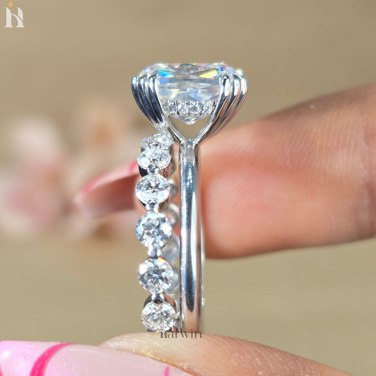 3 CT Cushion Cut Bridal Ring, Triple Claw Prong, Hidden Halo & Round Pave Set Band