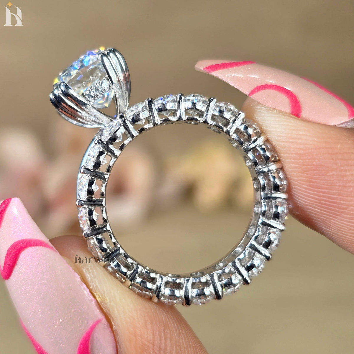 3CT Cushion Cut Bridal Ring, Triple Claw Prong, Hidden Halo & Oval Pave Set Band
