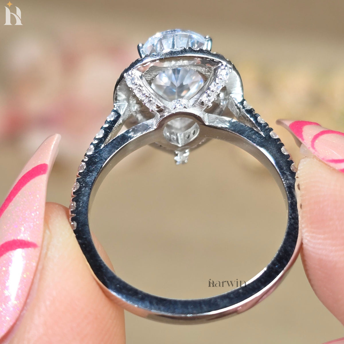 3.00CT Pear Cut Moissanite Engagement Ring Double Halo Wedding Ring, Pave Prong Setting