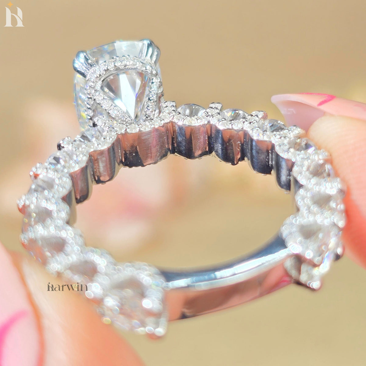 5 CT Cushion Cut Moissanite Ring, Hidden Halo And Double Claw Prong Set Ring