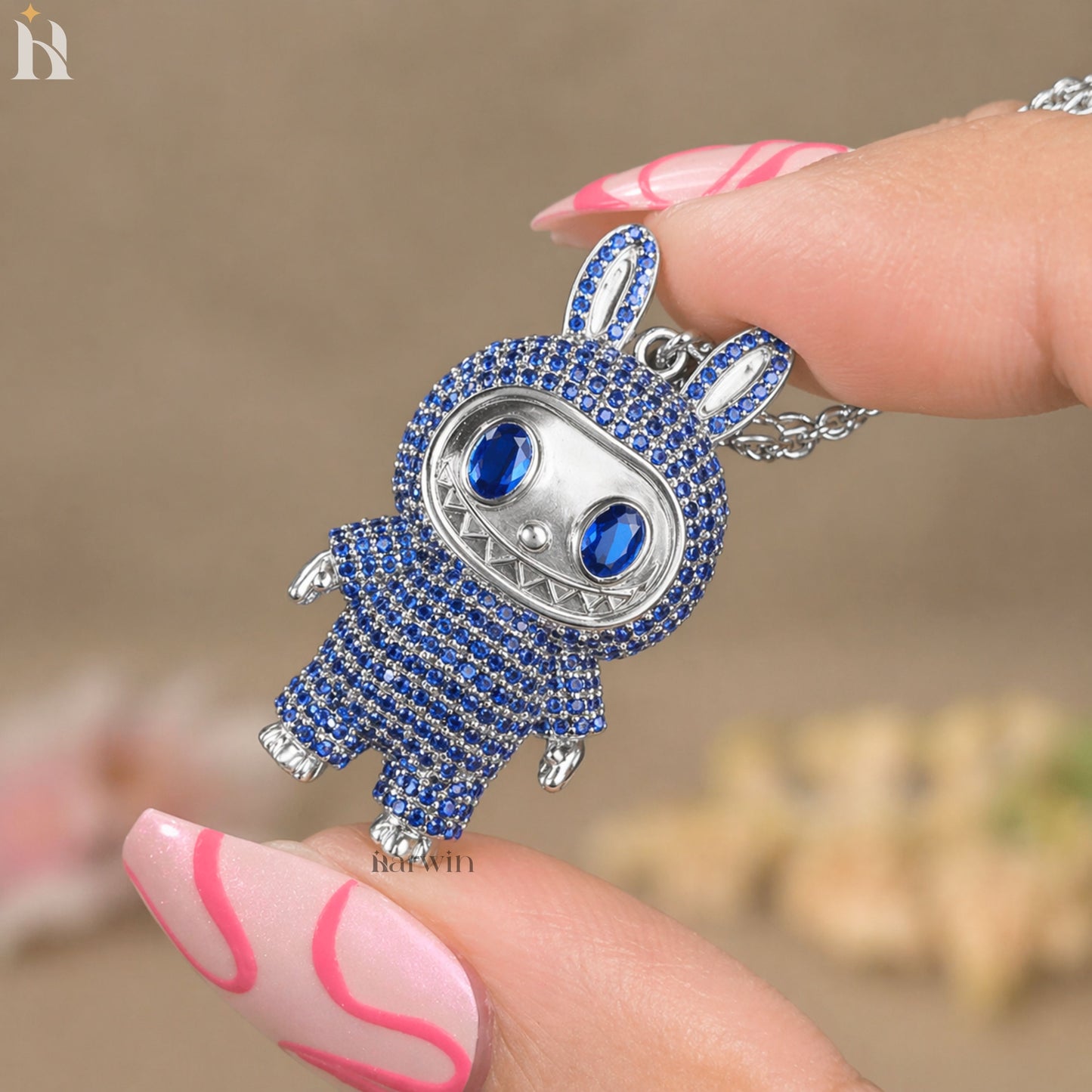 Iced Out Teddy Bear Pendant | Blue CZ Sterling Silver Necklace
