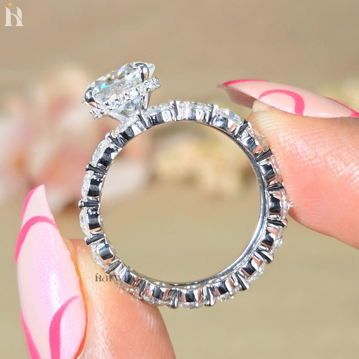 2.5 CT Round Cut Moissanite Hidden Halo Engagement Ring, Eternity Band Set Ring