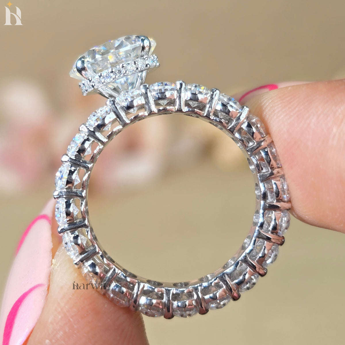2.5 CT Round Cut Moissanite Hidden Halo Ring, Oval Diamond Eternity Band Set Ring