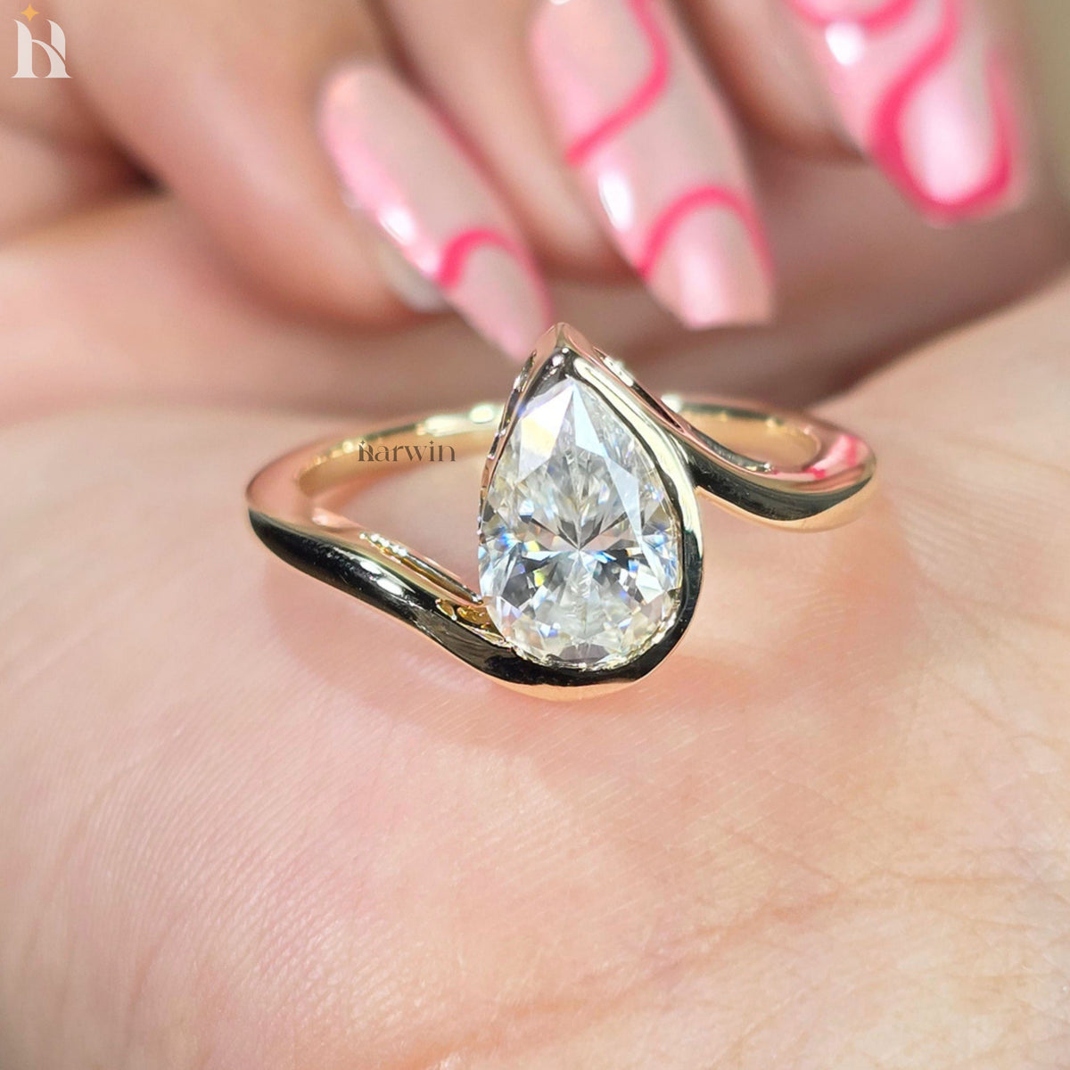 Pear Cut Moissanite Engagement Ring, Bezel Set Bypass Shank, Gold Solitaire Ring for Anniversary or Gift