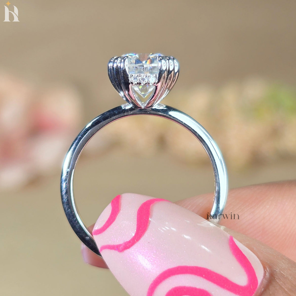 3 CT Cushion Cut Moissanite Engagement Ring, Triple Claw Prong & Hidden Halo Elongated Ring