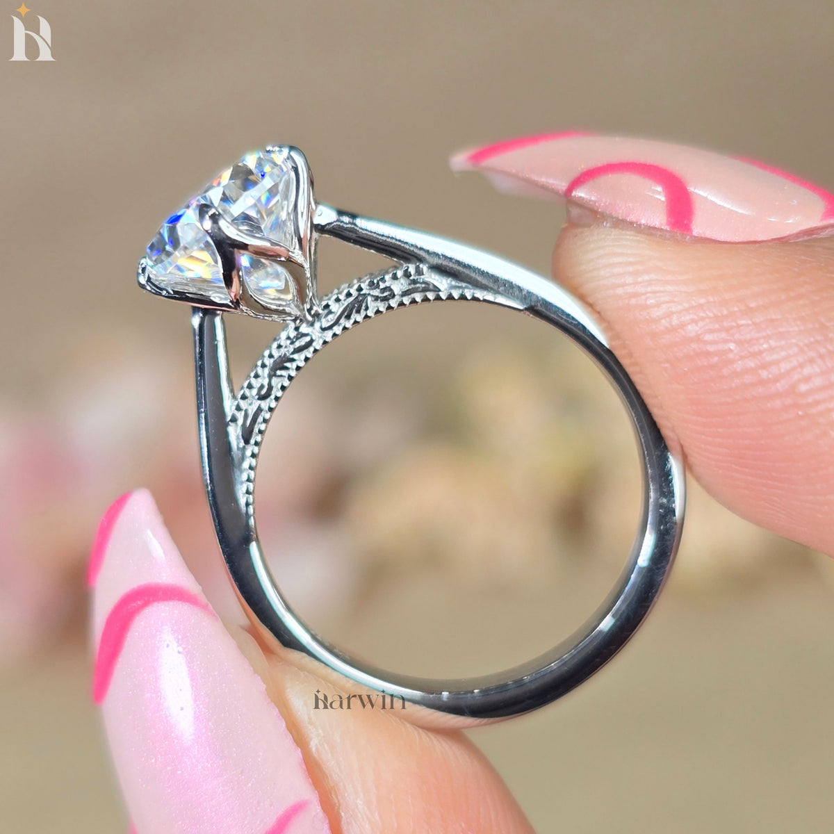 2CT Pear Cut Moissanite Platinum Engagement Ring, Six Prong Tulip Solitaire Platinum Band