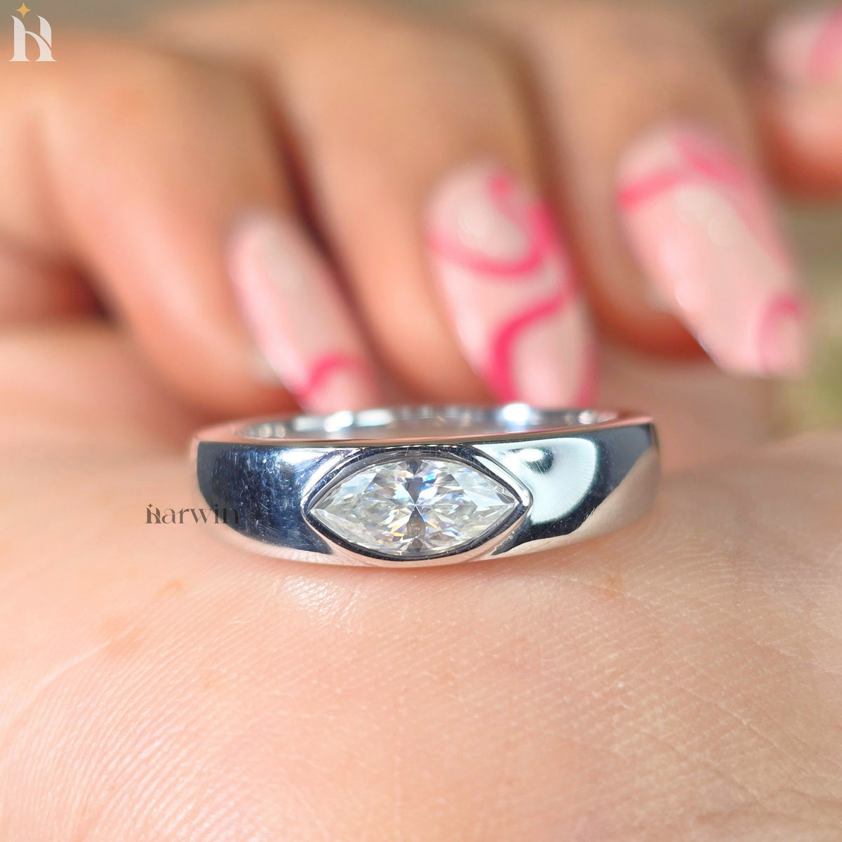 0.50 CT Horizontal Marquise Cut Bezel Set Silver Ring, Minimalist East West Statement Band