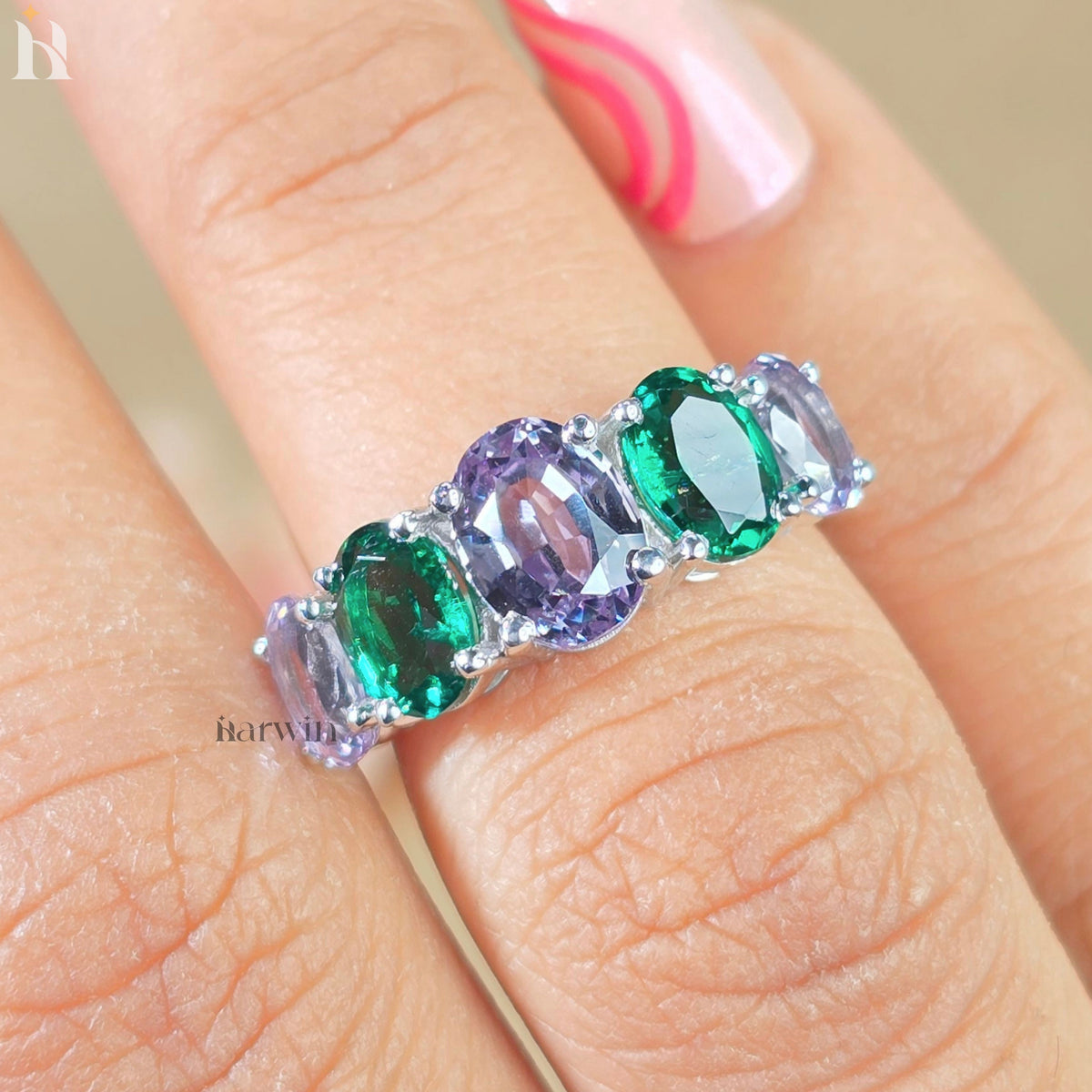 Color Changing Alexandrite & Emerald Five Stone Ring, Art Deco Wedding Band,935 Argentium Silver Anniversary Ring