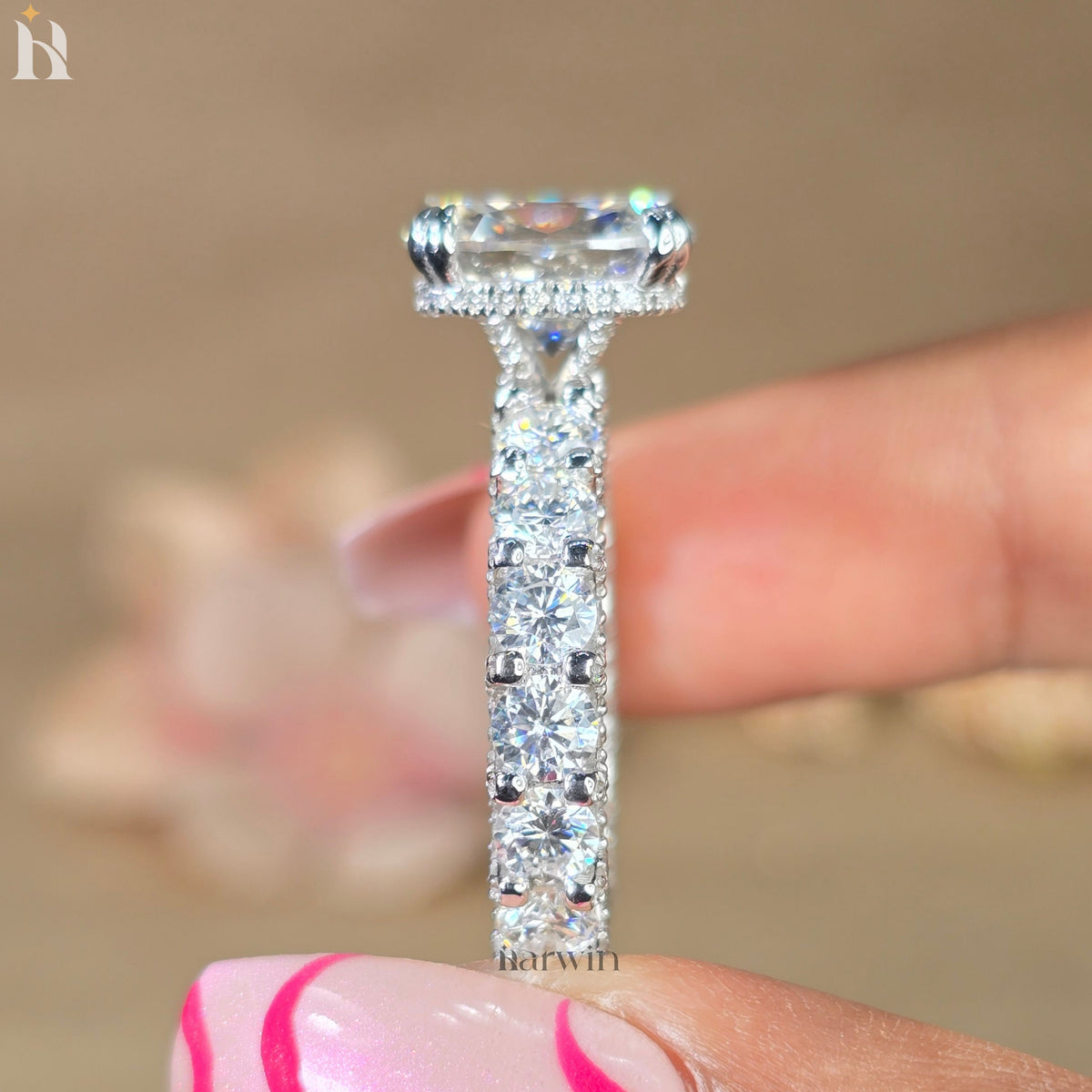 5 CT Cushion Cut Moissanite Ring, Hidden Halo And Double Claw Prong Set Ring