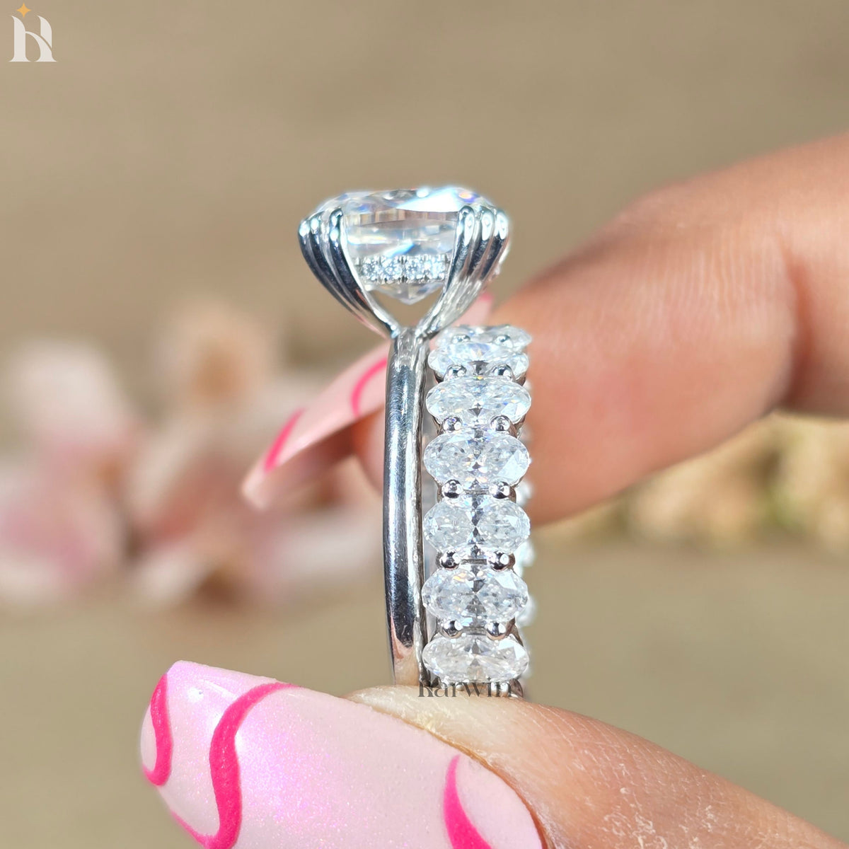 3CT Cushion Cut Bridal Ring, Triple Claw Prong, Hidden Halo & Oval Pave Set Band