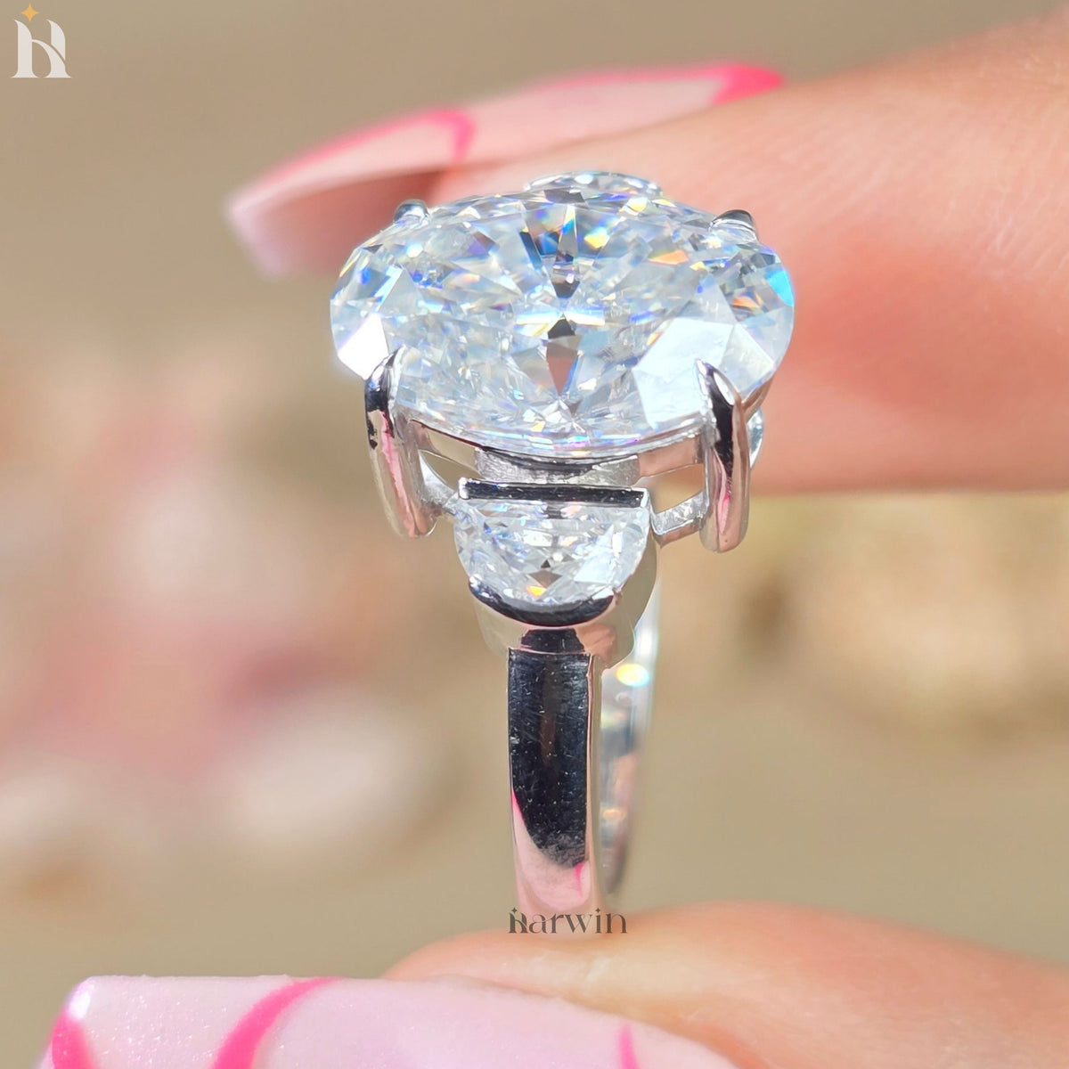 3.5CT Oval Cut Moissanite Ring, Half Moon Shape Side Diamond, Three Stone Gold Ring
