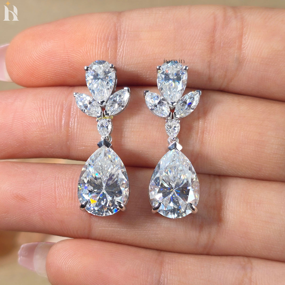 Pear Cut Moissanite Dangle Earrings With Marquise Diamond Wedding Earrings