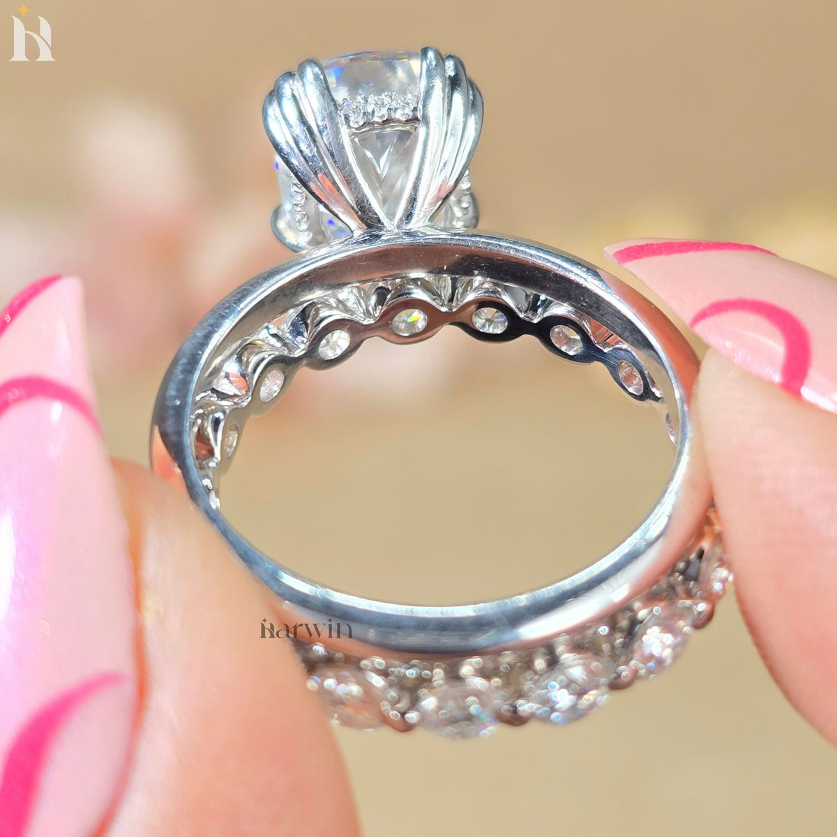 3 CT Cushion Cut Bridal Ring, Triple Claw Prong, Hidden Halo & Round Pave Set Band