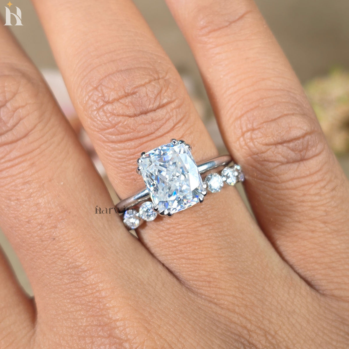 3 CT Cushion Cut Bridal Ring, Triple Claw Prong, Hidden Halo & Round Pave Set Band