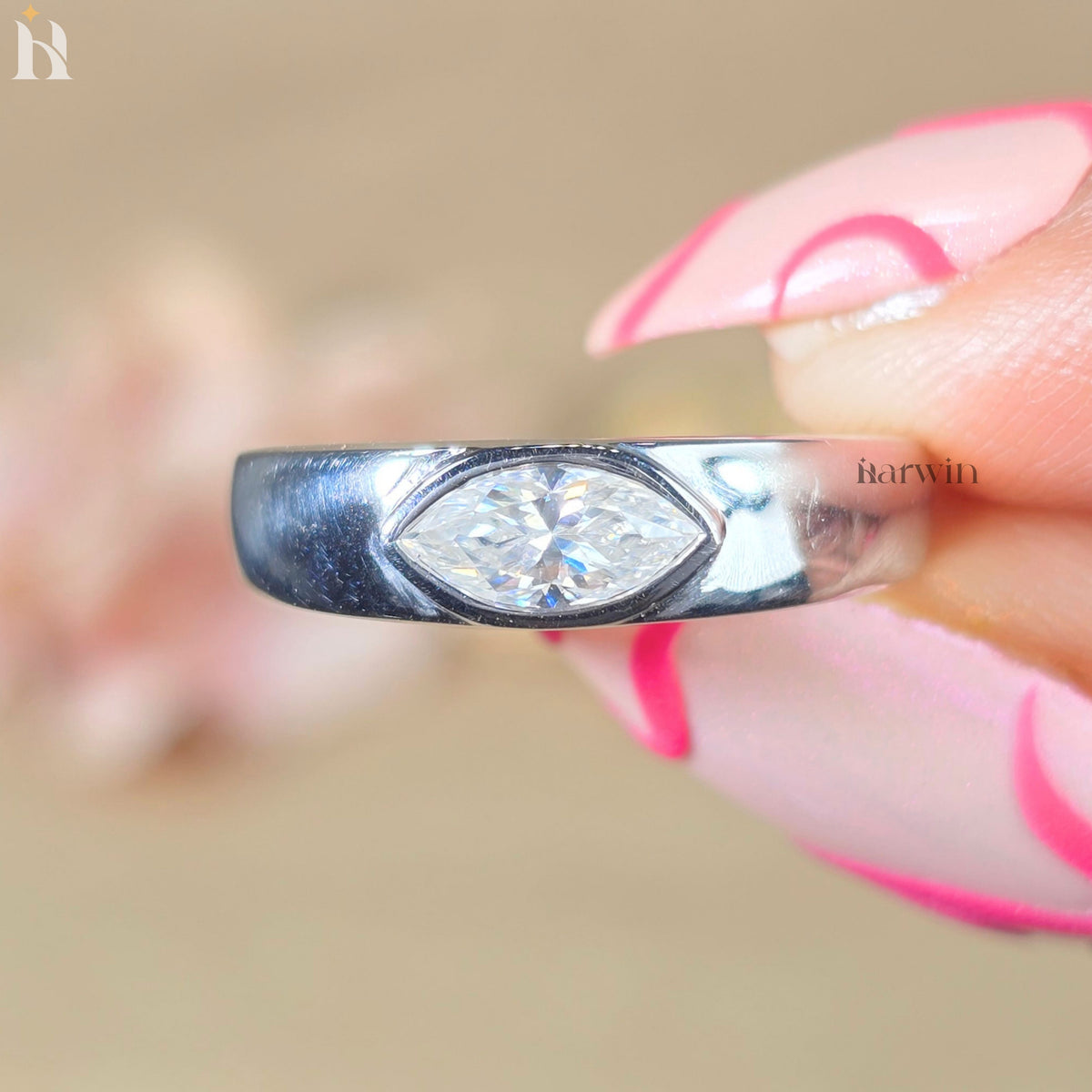 0.50 CT Horizontal Marquise Cut Bezel Set Silver Ring, Minimalist East West Statement Band