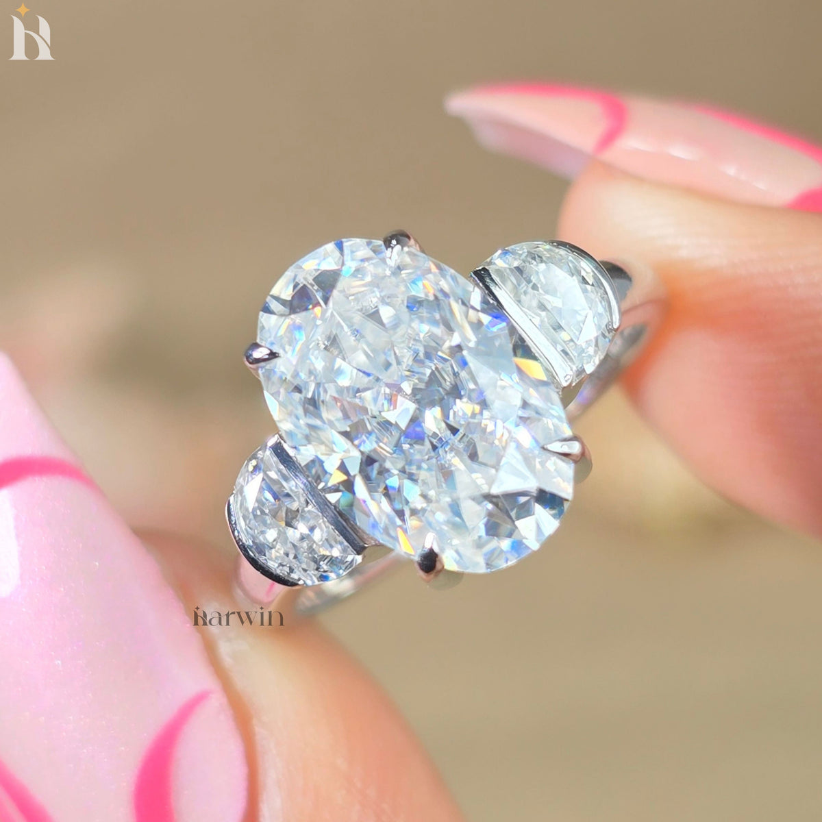 3.5CT Oval Cut Moissanite Ring, Half Moon Shape Side Diamond, Three Stone Gold Ring