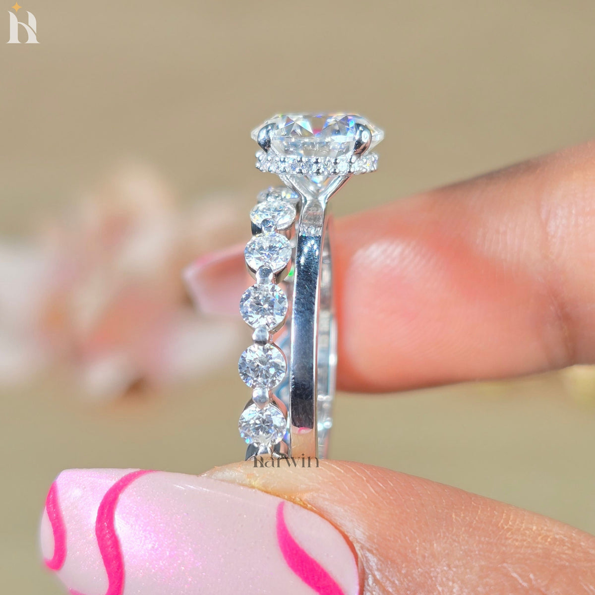 2.5 CT Round Cut Moissanite Hidden Halo Engagement Ring, Eternity Band Set Ring
