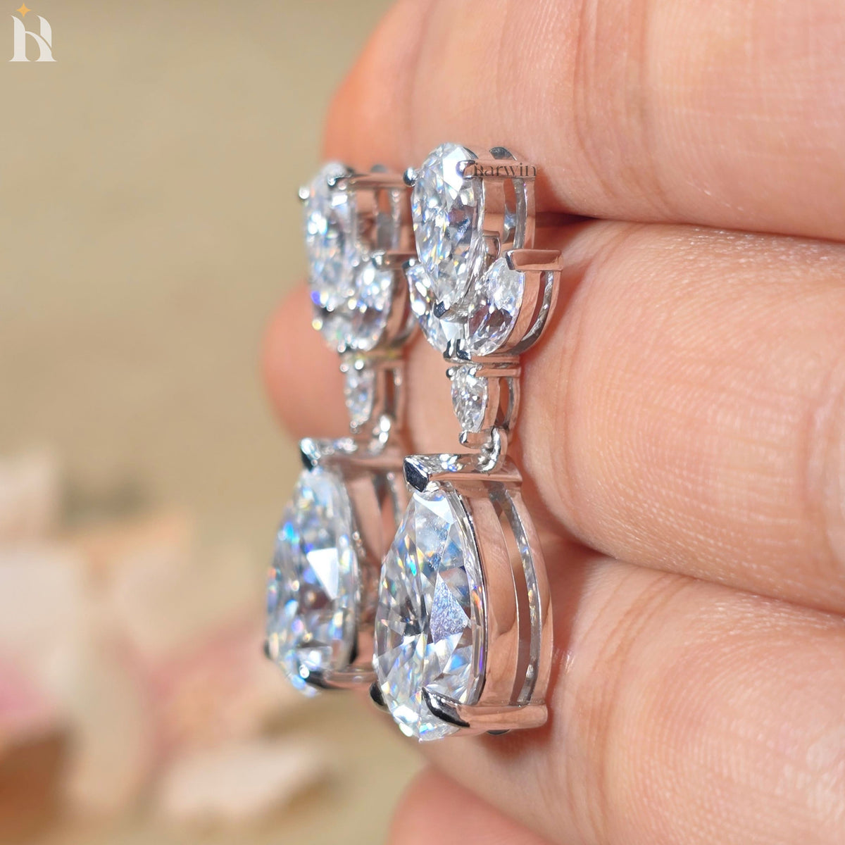 Pear Cut Moissanite Dangle Earrings With Marquise Diamond Wedding Earrings