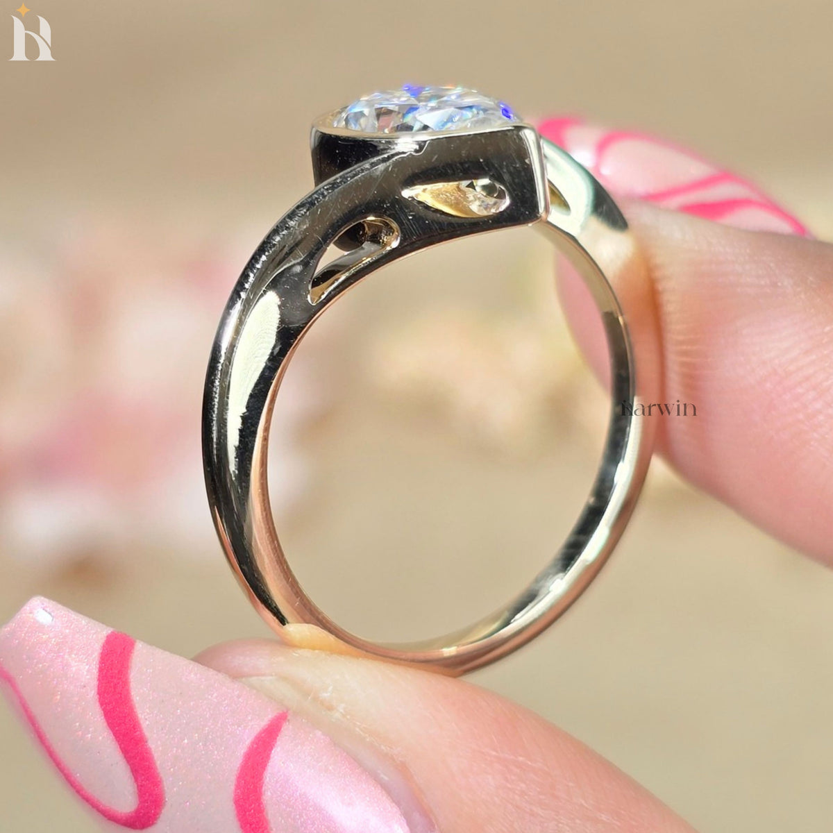 Pear Cut Moissanite Engagement Ring, Bezel Set Bypass Shank, Gold Solitaire Ring for Anniversary or Gift