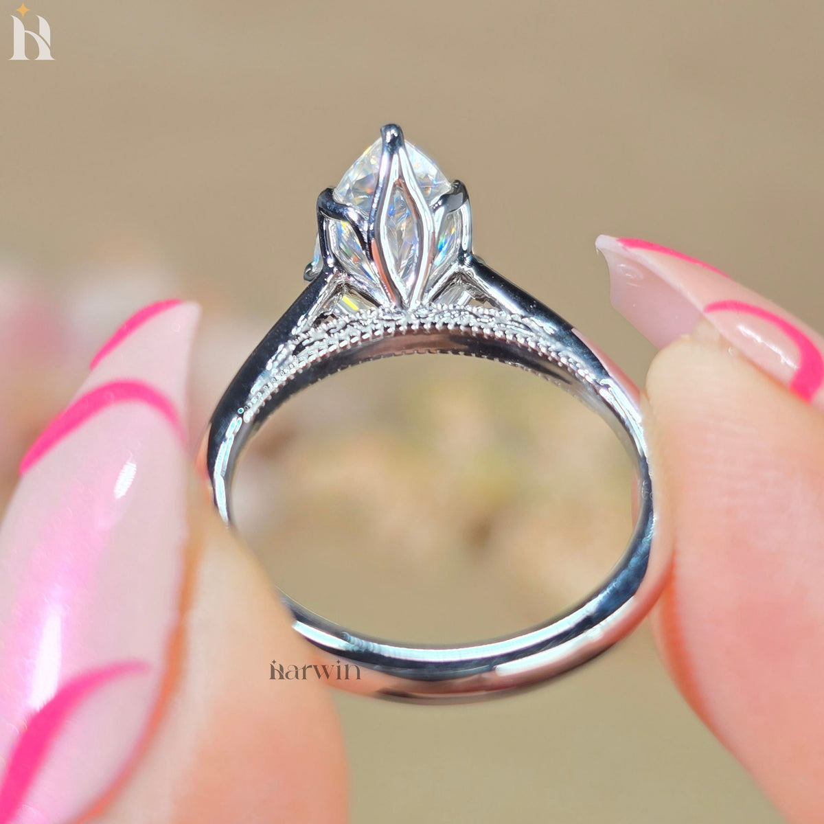 2CT Pear Cut Moissanite Platinum Engagement Ring, Six Prong Tulip Solitaire Platinum Band