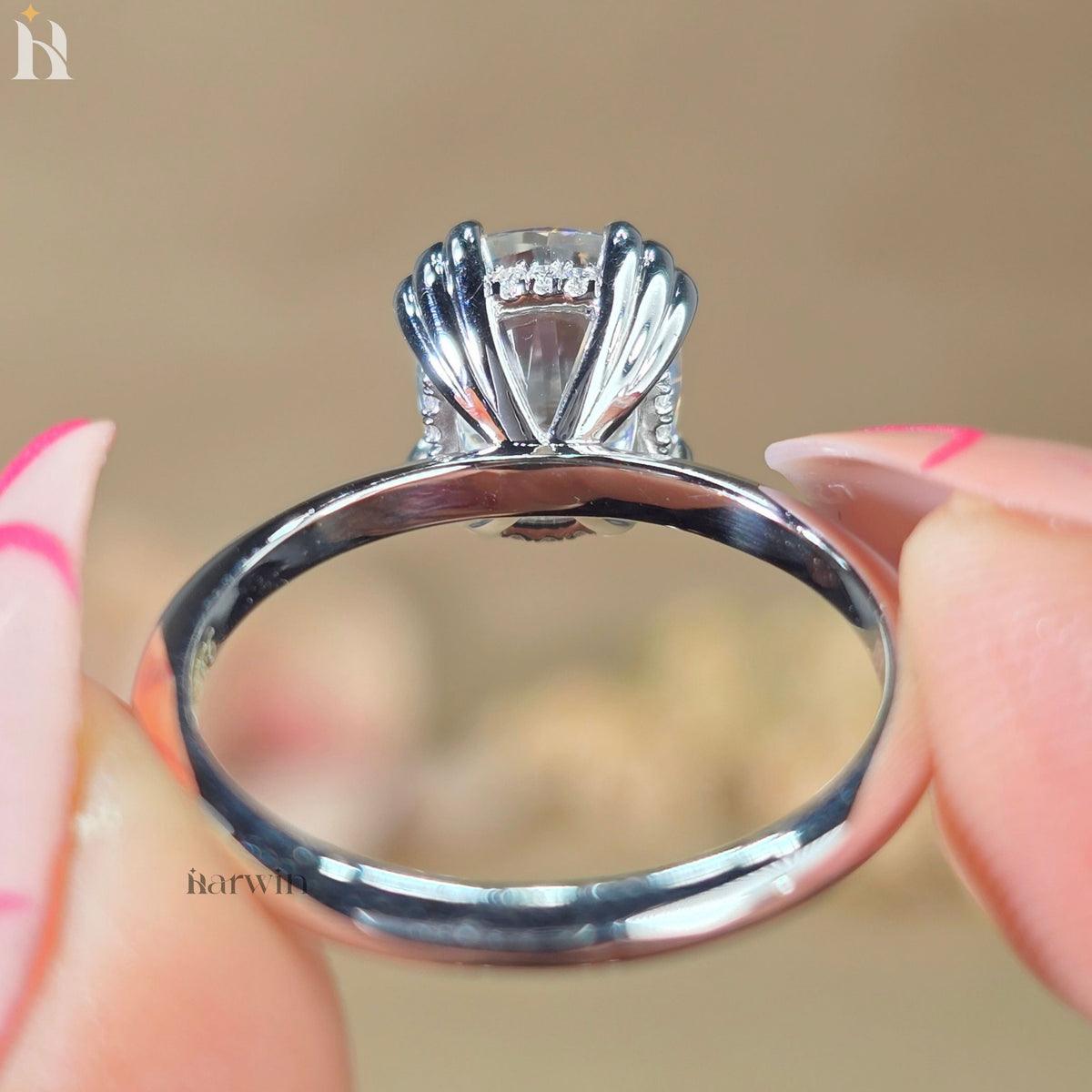 3 CT Cushion Cut Moissanite Engagement Ring, Triple Claw Prong & Hidden Halo Elongated Ring