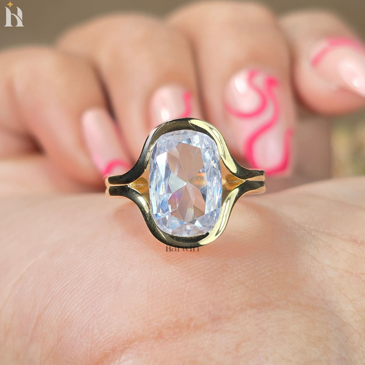 3.5 CT Elongated Cushion Cut Moissanite Diamond Half Bezel Set Ring
