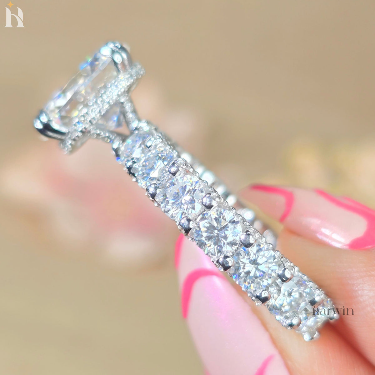 5 CT Cushion Cut Moissanite Ring, Hidden Halo And Double Claw Prong Set Ring