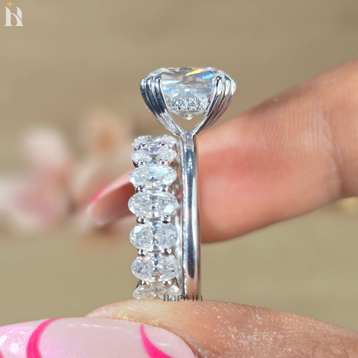 3CT Cushion Cut Bridal Ring, Triple Claw Prong, Hidden Halo & Oval Pave Set Band